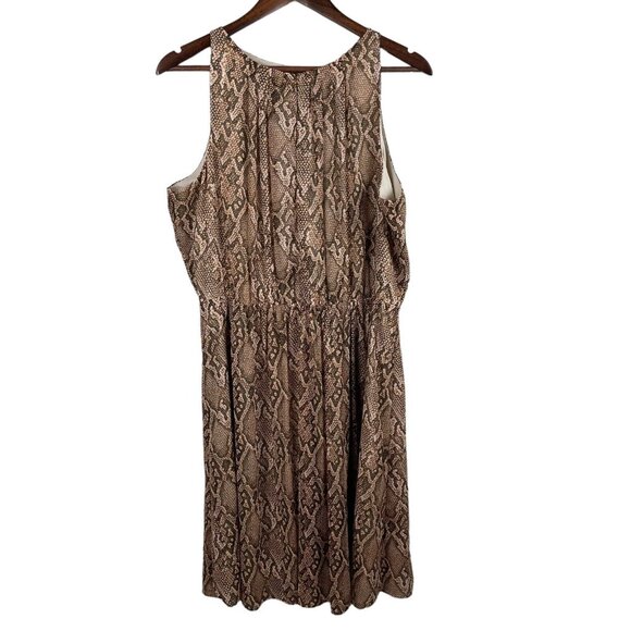 Lauren Ralph Lauren Dress Womens 14 Brown Snake Python A-Line Sleeveless Pleated - Picture 2 of 12
